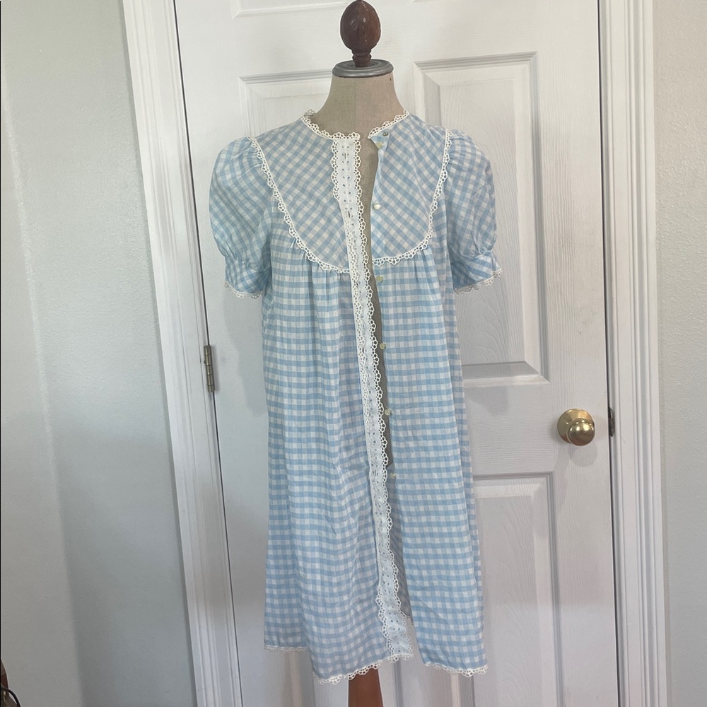 Vintage gingham lace check nightgown housecoat dress duster robe cottage core M - Picture 10 of 10